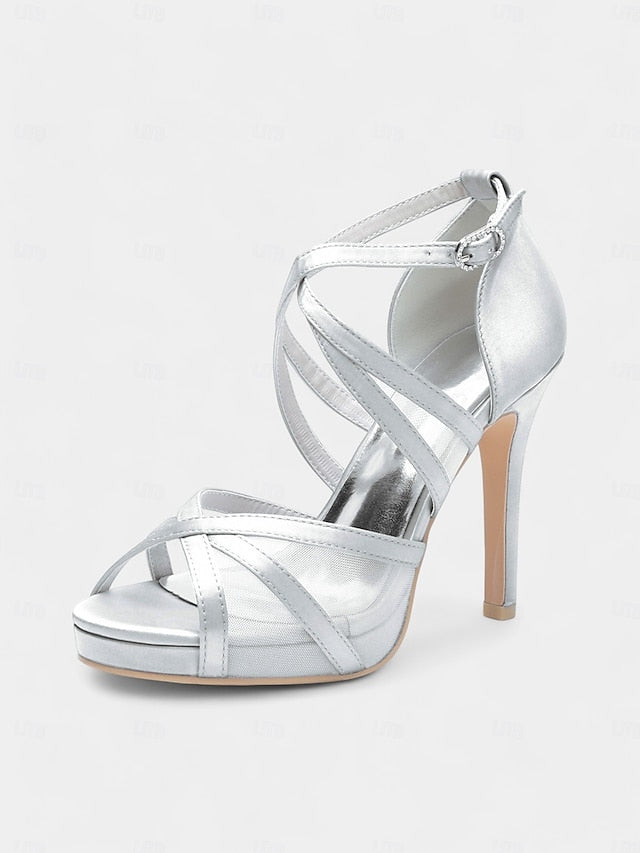 Sandals with White High Straps Bridal Heel Cross Satin Perfect -