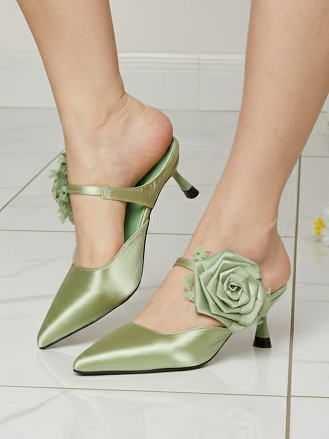 Pointed Green Satin with Women's Ankle Floral Heels Toe