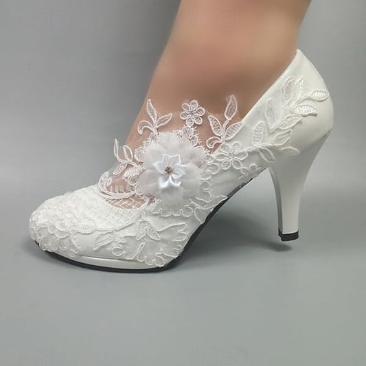 Women's Heels – White Lace Elegant Wedding Bridal Floral