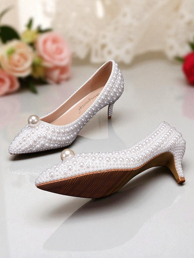 Pearl-Embellished Women's Kitten Pumps and Heel Matching