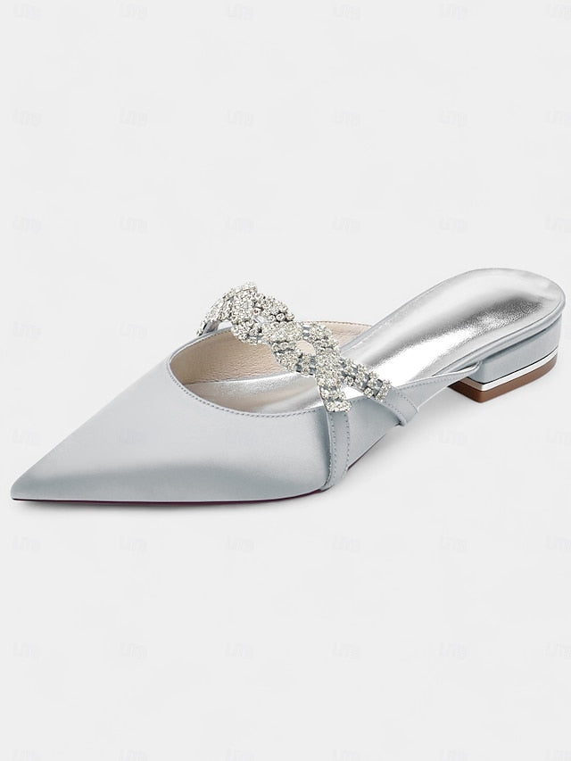 Satin Mule - Heels Rhinestone with Pointed-Toe Blue Detailing