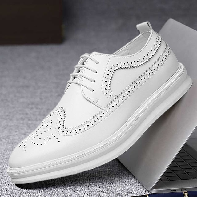 White Lace-Up Leather Derby Stylish Men's Brogue Shoes -