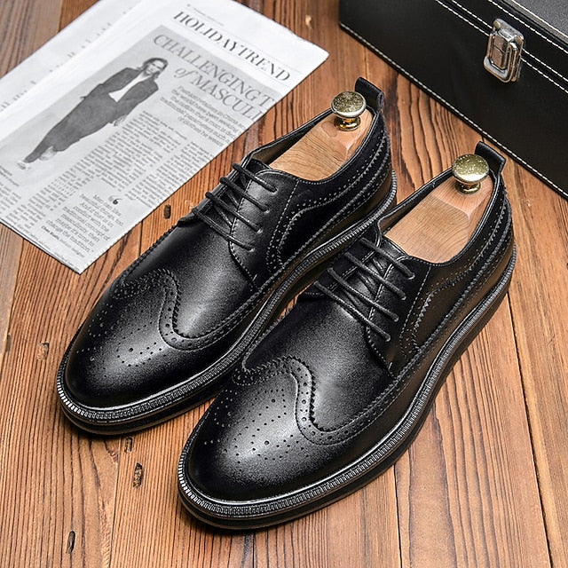 White Lace-Up Leather Derby Stylish Men's Brogue Shoes -