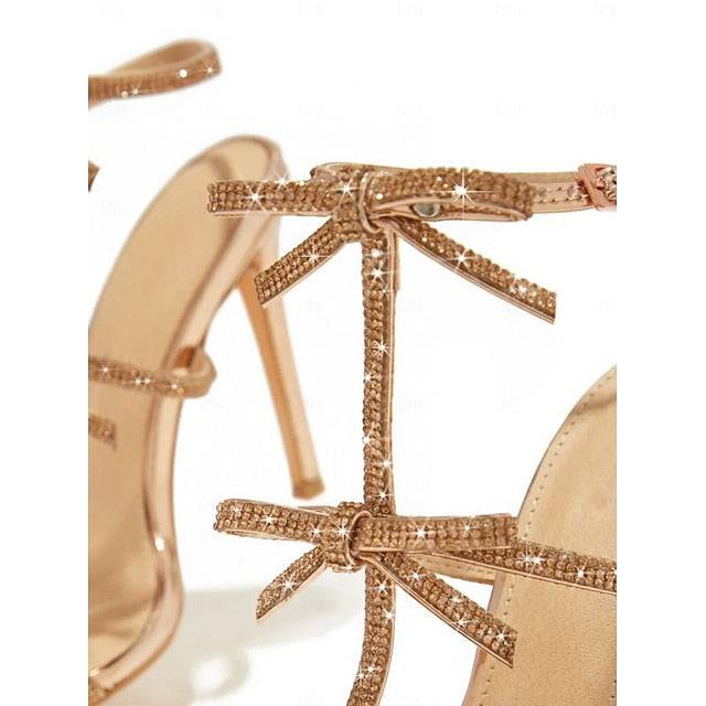 Women's – Gold Stiletto Knot Sparkly Sandals Strappy Bow