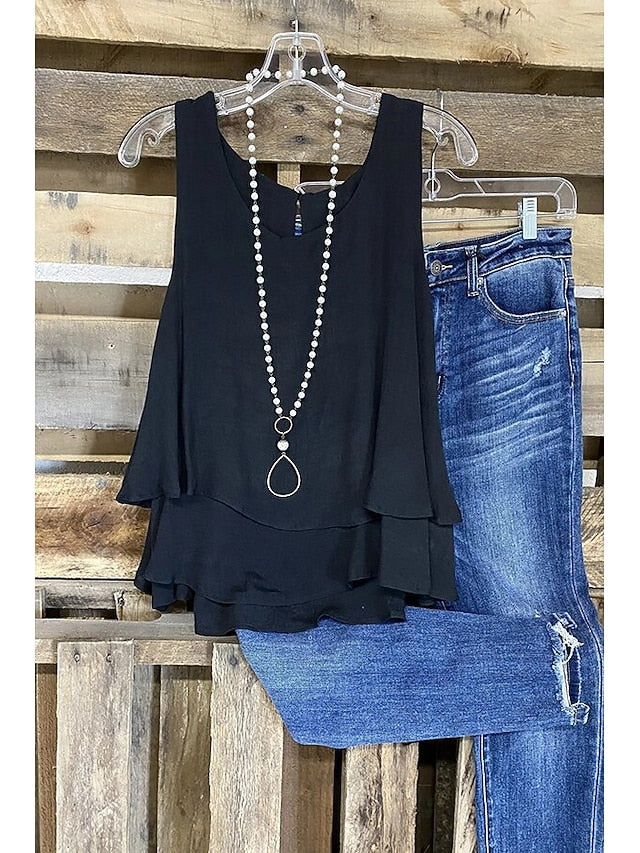 Women's Cotton Linen Shirts Tank Top Layered Plain Basic