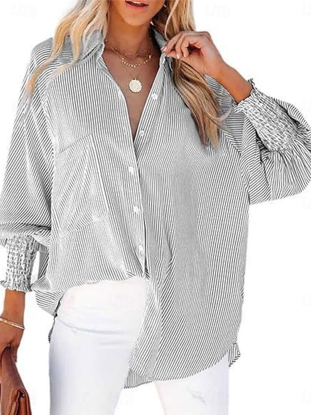Women's Blouse Buttons Print Striped Stylish Casual Long