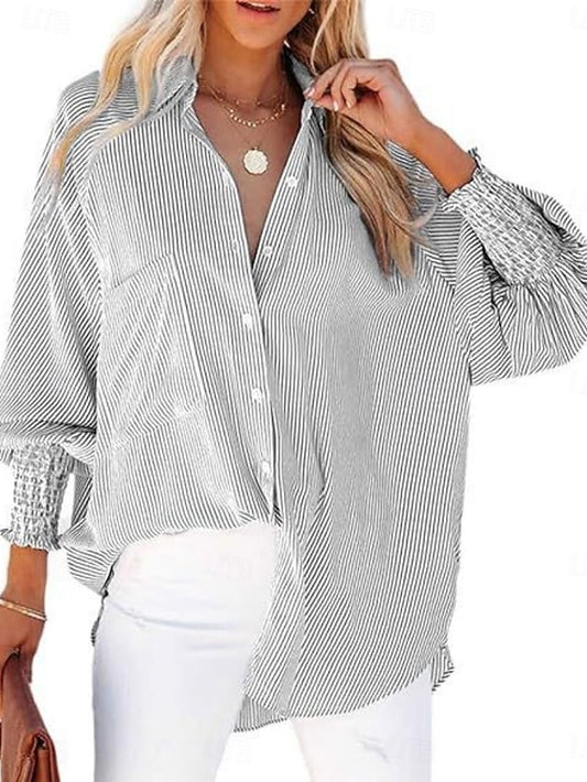 Women's Blouse Buttons Print Striped Stylish Casual Long