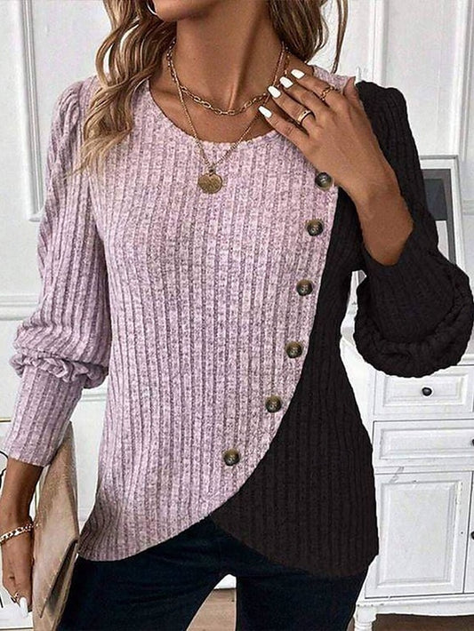 Women's Blouse Patchwork Buttons Geometric Color Block
