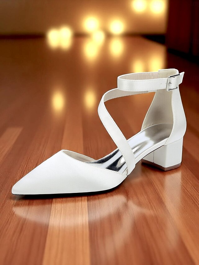 Women's Block Pointed - Satin Toe Champagne Heels