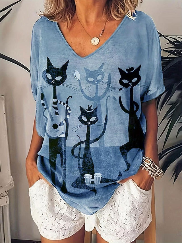 Women's T shirt Black Cat Casual Print Short Sleeve Regular