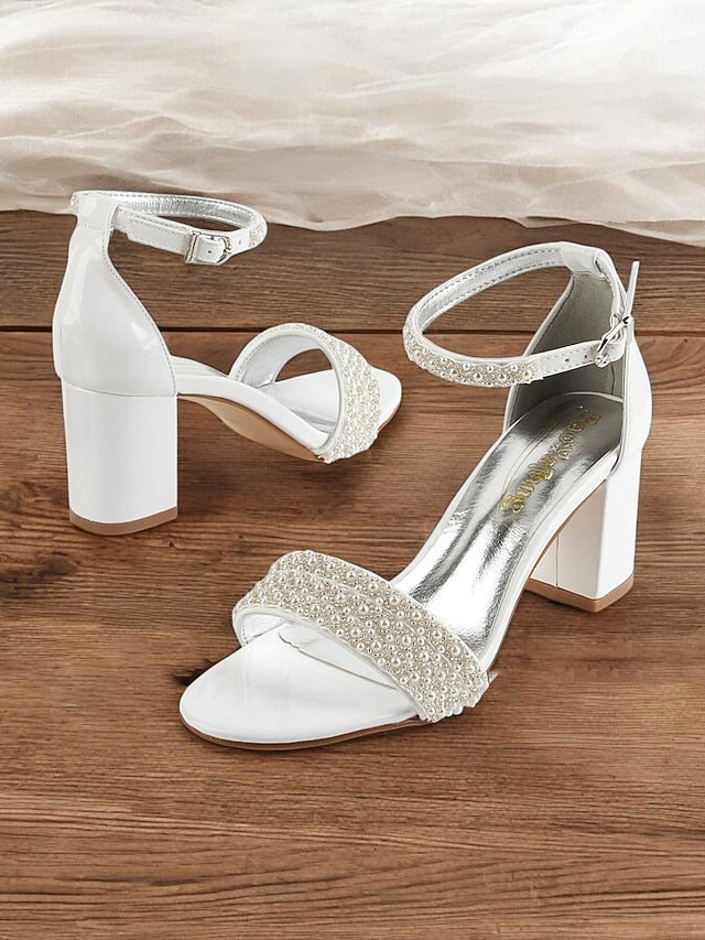 Strap with Ankle Ivory Open-Toe Heels for Pearl-Embellished