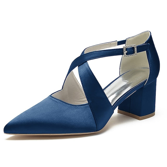 – Elegant White Block Pointed Heels Women's Satin Toe