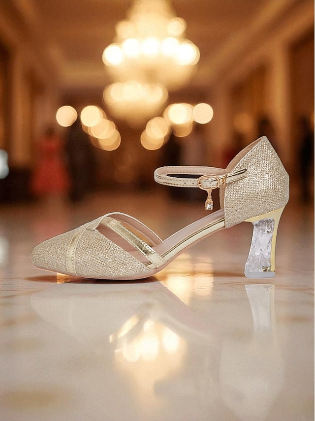 Pumps Ankle Block Elegant - Heel Gold Strap Glitter Women's