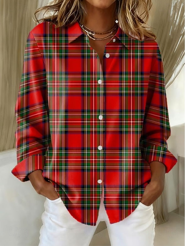 Women's Shirt Blouse Patchwork Buttons Print Plaid Casual