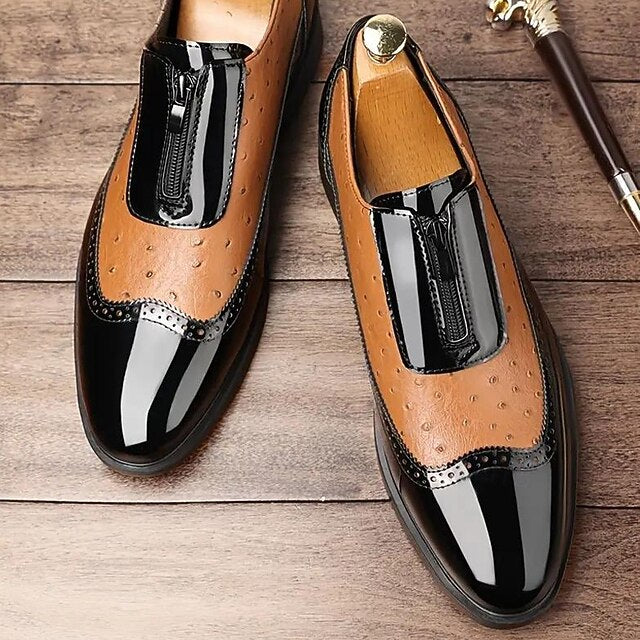 Colorblock Tan Patent Black and Formal Shoes with Men's