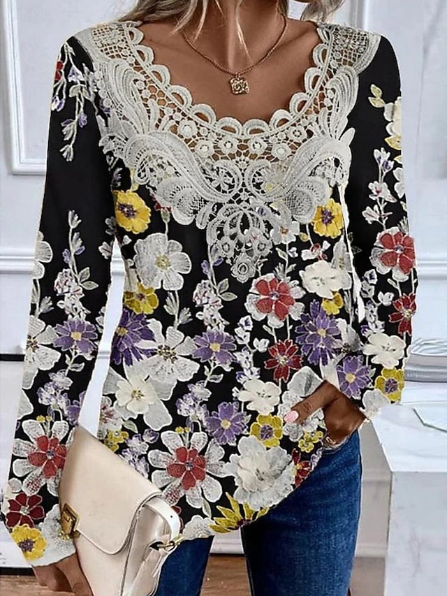 Women's Blouse Lace Patchwork Print Floral Marble Stylish