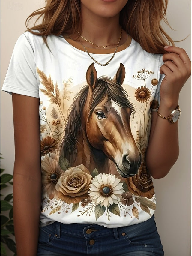 Women's T Shirt Print Graphic Animal Horse Vintage Stylish
