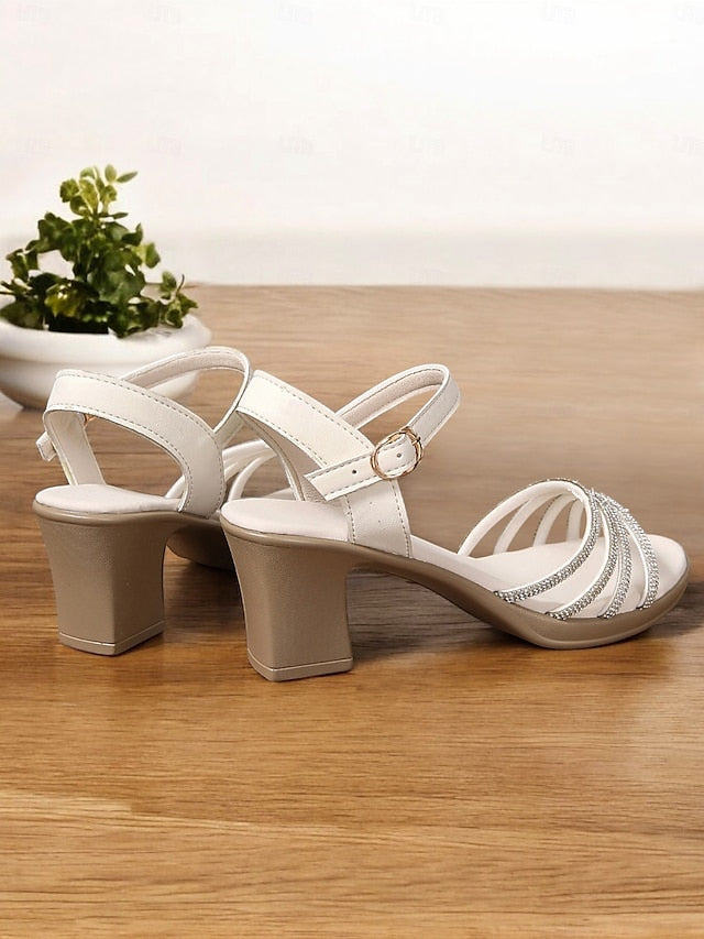 Comfortable Black Block with Rhinestones - Sandals Strappy Heel