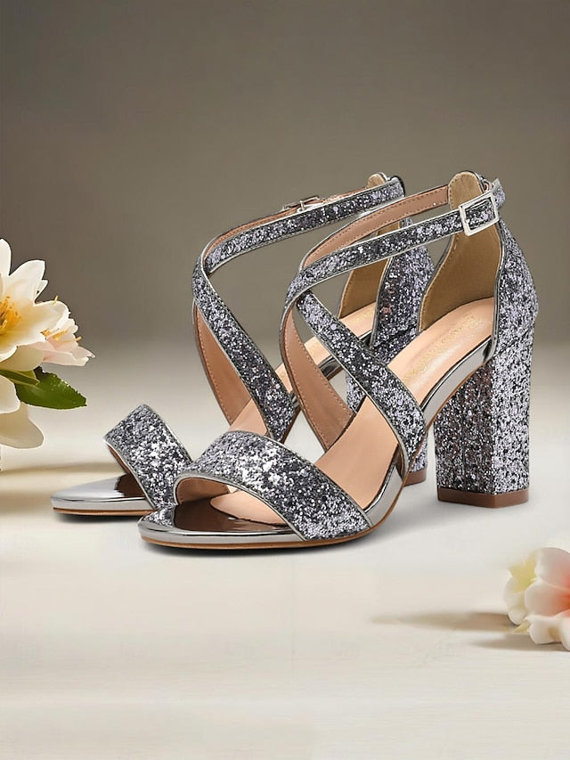 Block Gold Glitter Sandals Women's Heel