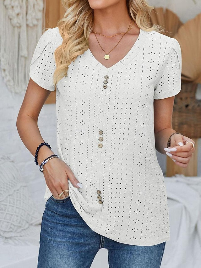 Women's Pointelle Shirt Eyelet Top Blouse Lace Buttons