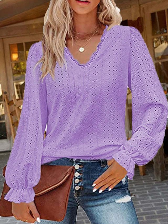 Women's White Elegant Lace Tops Eyelet Blouse Stylish Solid