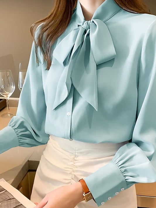 Women's Shirt Elegant Satin Top Blouse Buttons Bow Plain