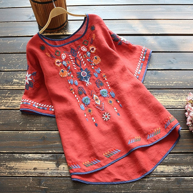 Women's Shirt Blouse Tribal Basic Short Sleeve Crew Neck