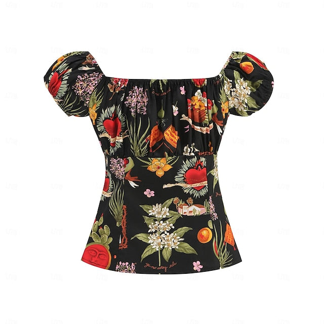 Retro Vintage 1950s Blouse / Shirt Off Shoulder Flower / Floral