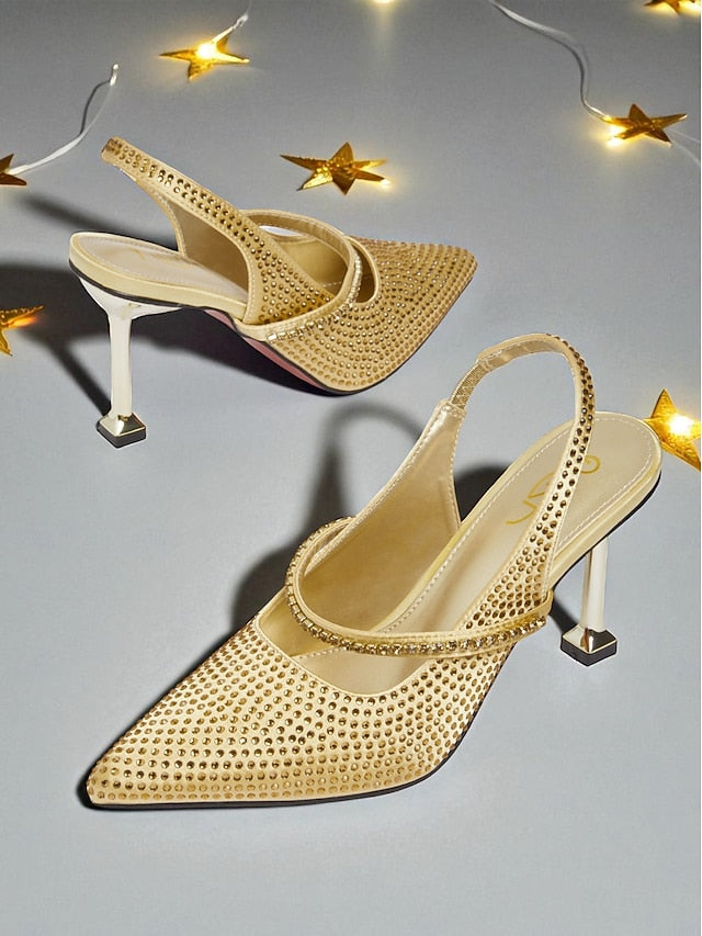 Sparkly Women's - Heels Pointed Toe Rhinestone Gold