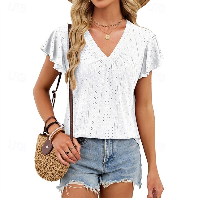 Women's Shirt T Shirt Ruffle Patchwork Eyelet Solid Color