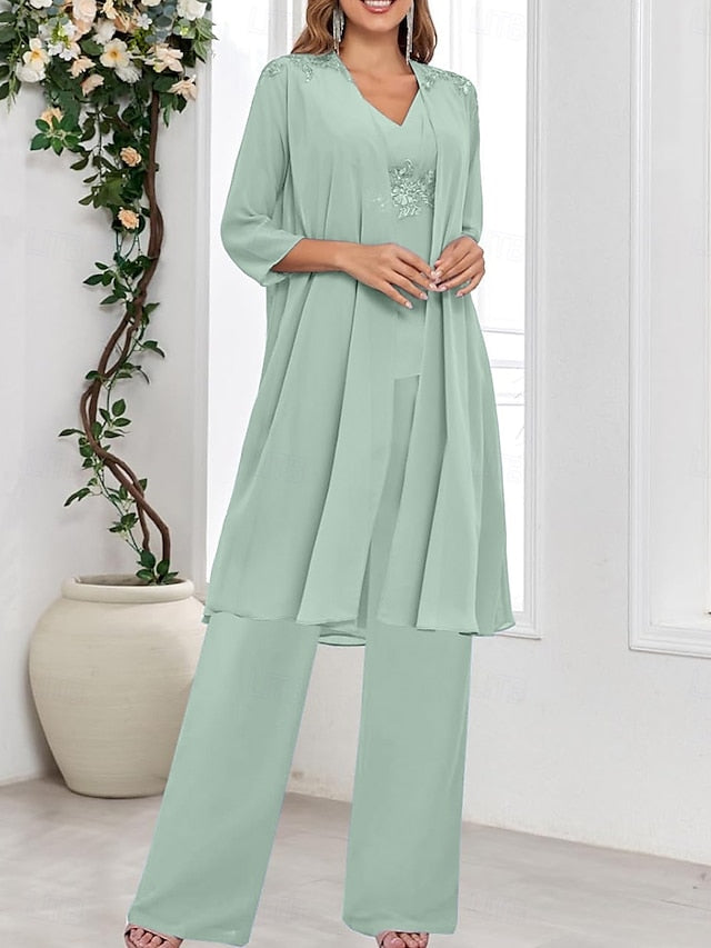 3 Simple the Piece Guest Wedding Elegant of Mother Bride V Dress