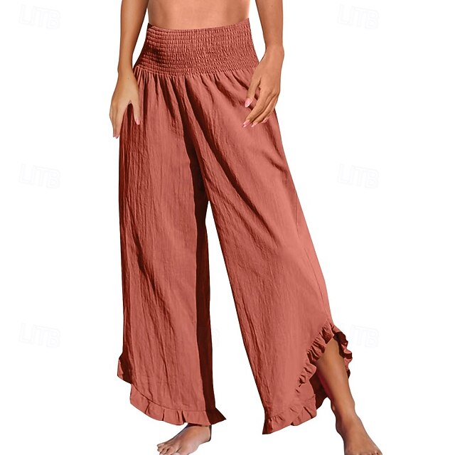 Women's Cotton Linen Pants Culottes Wide Leg Slacks Fashion
