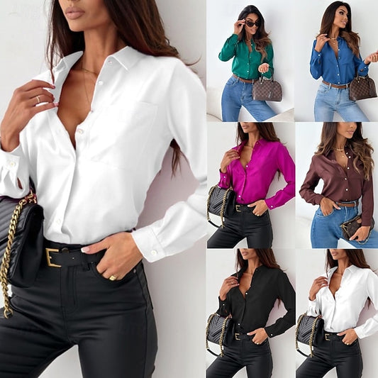 Women's Blouse Buttons Solid Color Elegant Stylish Basic