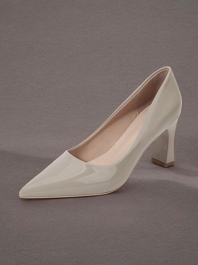 Pointed-Toe Heel Block Leather Patent Pumps Green Faux Glossy