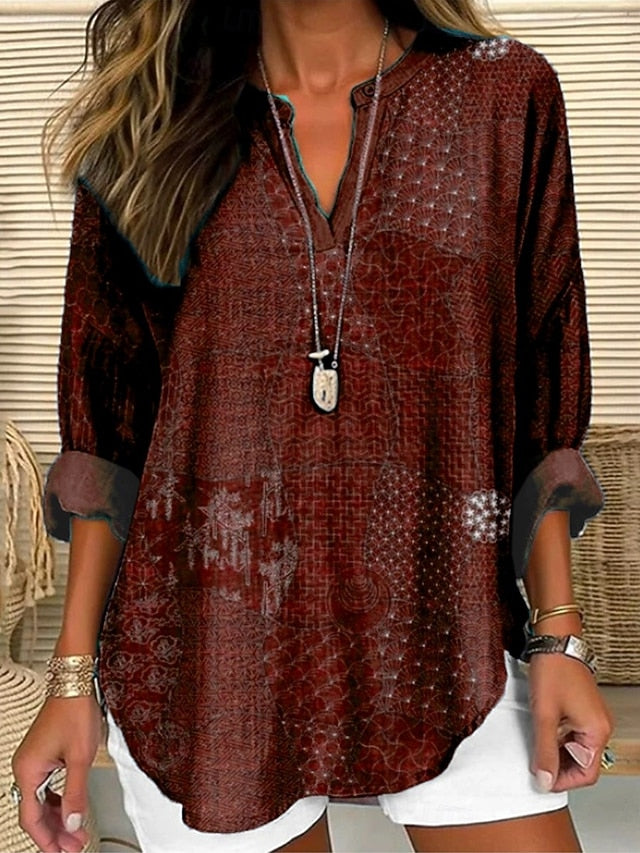 Women's Shirt Buttons Print Geometric Color Block Stylish