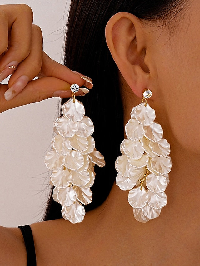 Satin Layered Earrings Petal Drop Elegant Floral Women's -