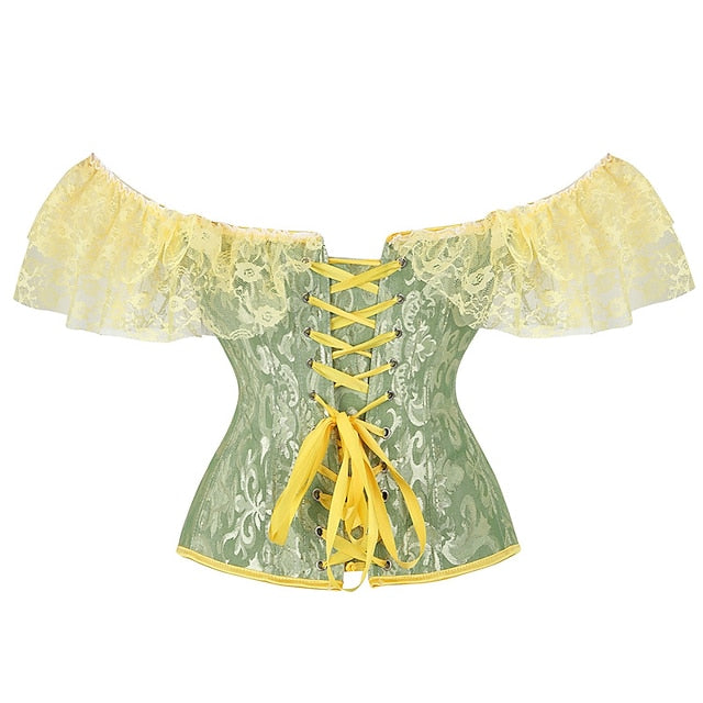 Women Floral Lace Off Shoulder Overbust Corset Bustier Boned