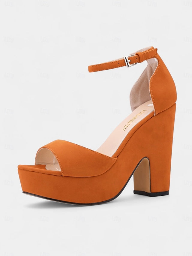 - Nude Heel Block Sandals Platform Suede Women's Chunky