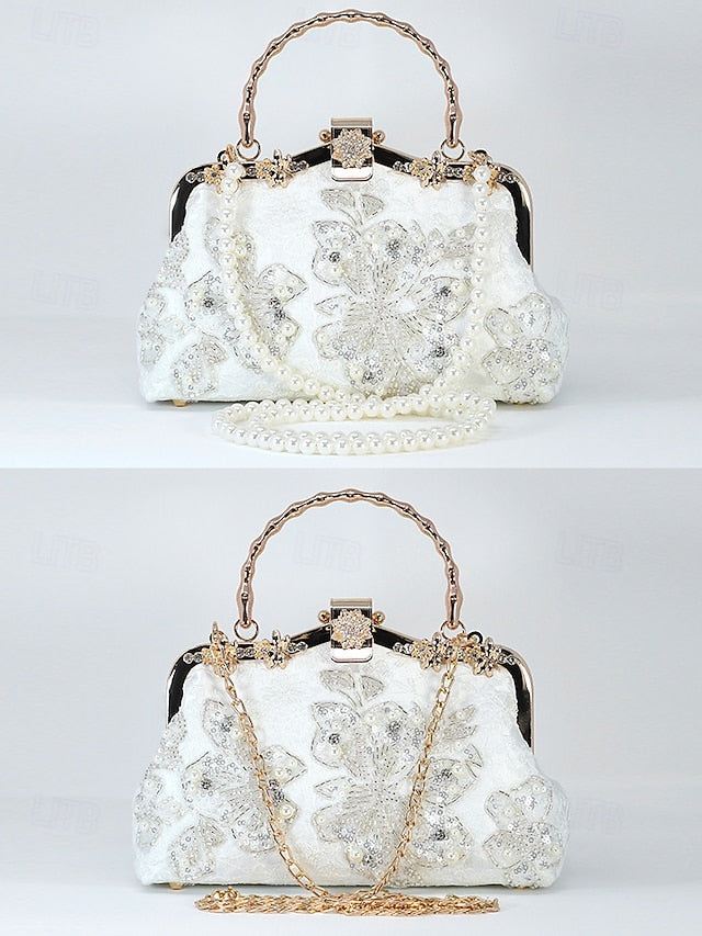 and Lace Floral Handbag Pearl with Evening White Elegant