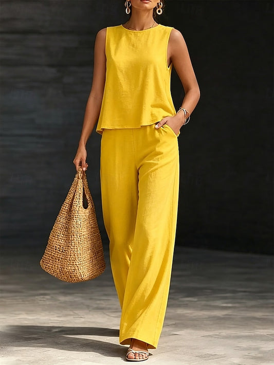 Women's Cotton Linen Sets Two Piece Sets Blouse Sleeveless
