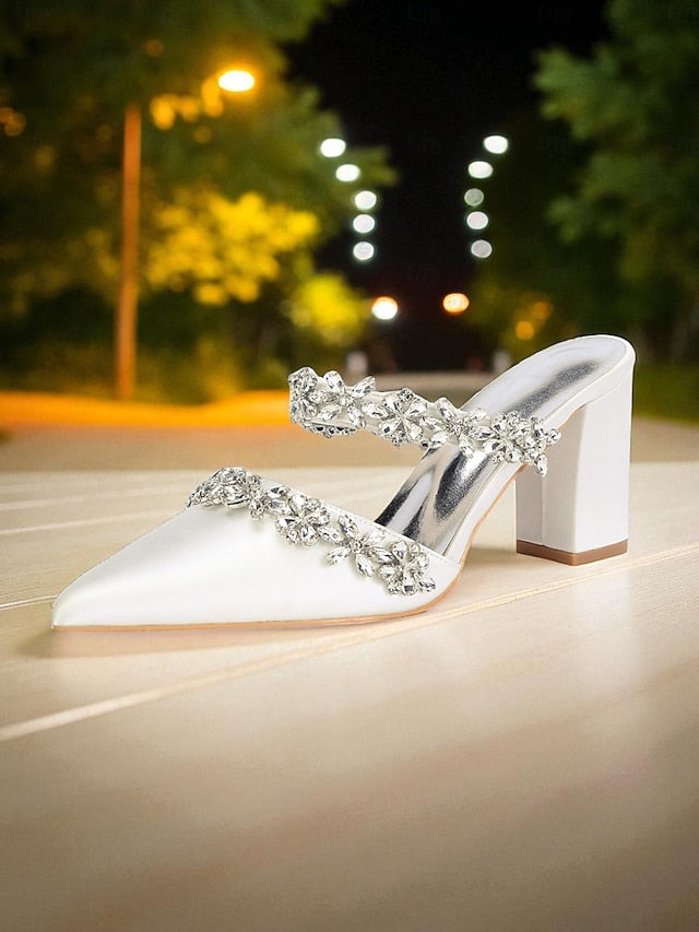 Women's Mules Rhinestone Floral Heel Black Block Satin with