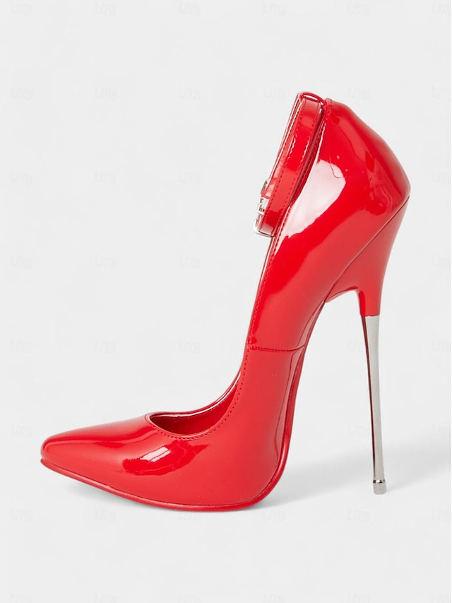 Stiletto Red Ankle Heels Strap Patent with Women's Leather