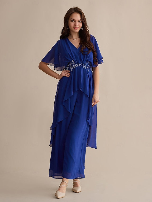 Blue Embroidered Royal Sequin Guest Flare Cuff Wedding Chiffon