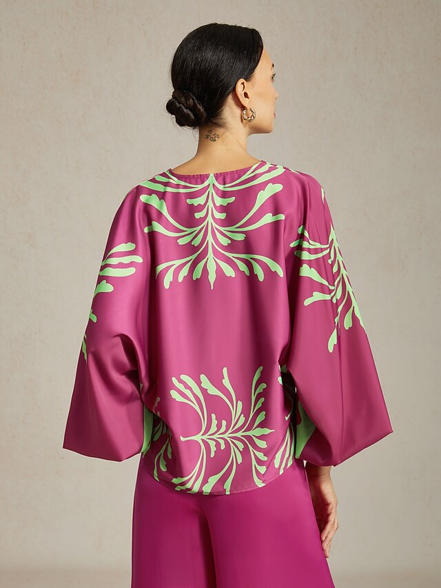 Women's Top Vivid Fuchsia Print Satin Lantern Long Sleeve V