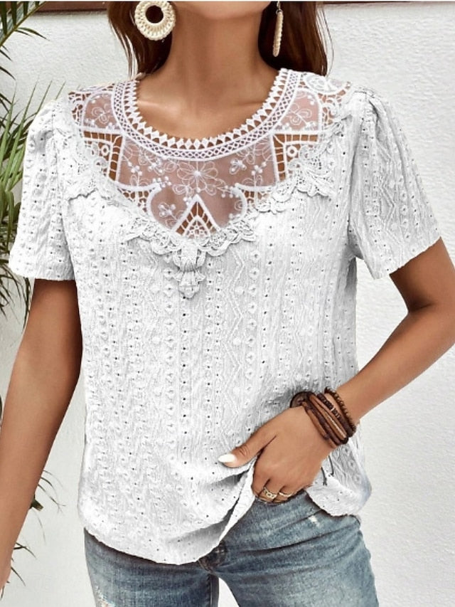 Women's T Shirt Lace Patchwork Plain Fashion Modern Casual
