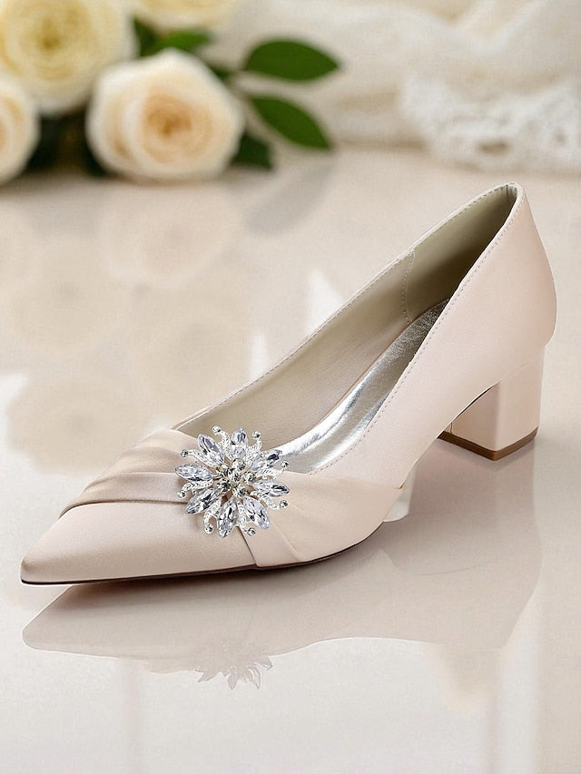 Women's White Block with Pumps Heel Low Crystal