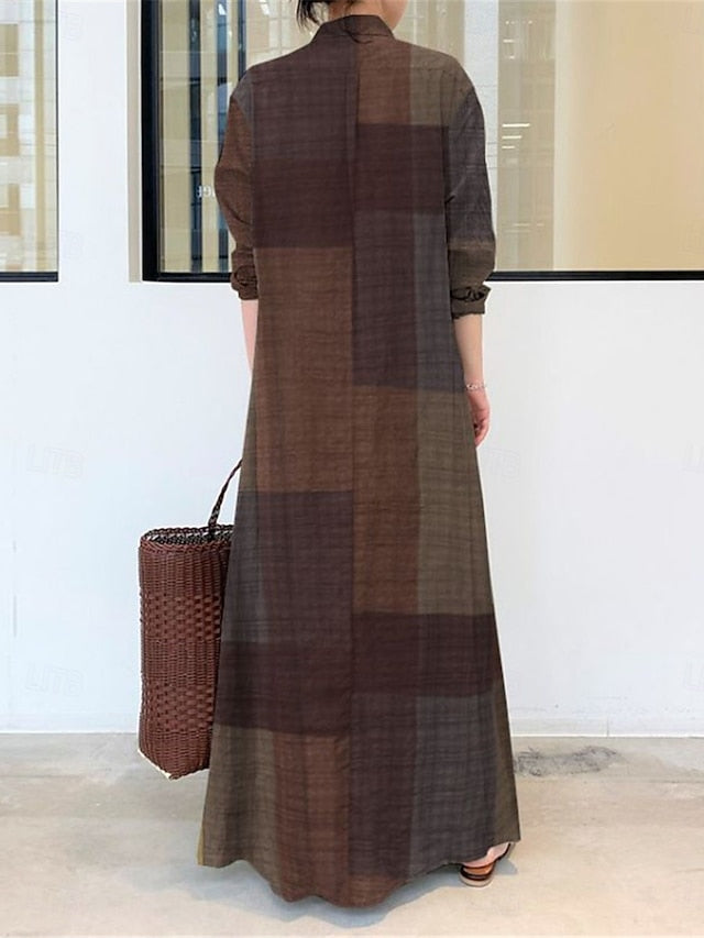 Women's Plaid Shirt Collar Maxi Dress Long Sleeve Spring