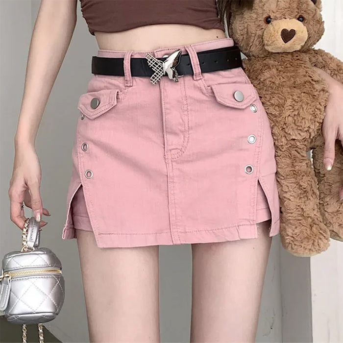 Pink Denim Butterfly Belt Skort