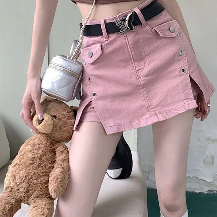 Pink Denim Butterfly Belt Skort