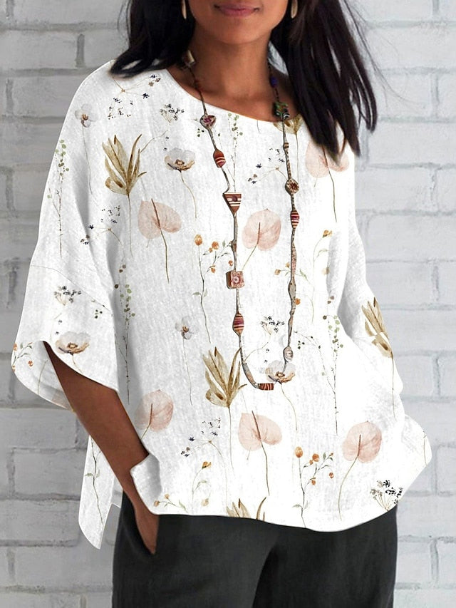 Women's Shirt Faux Cotton Linen Print Floral Daily Casual